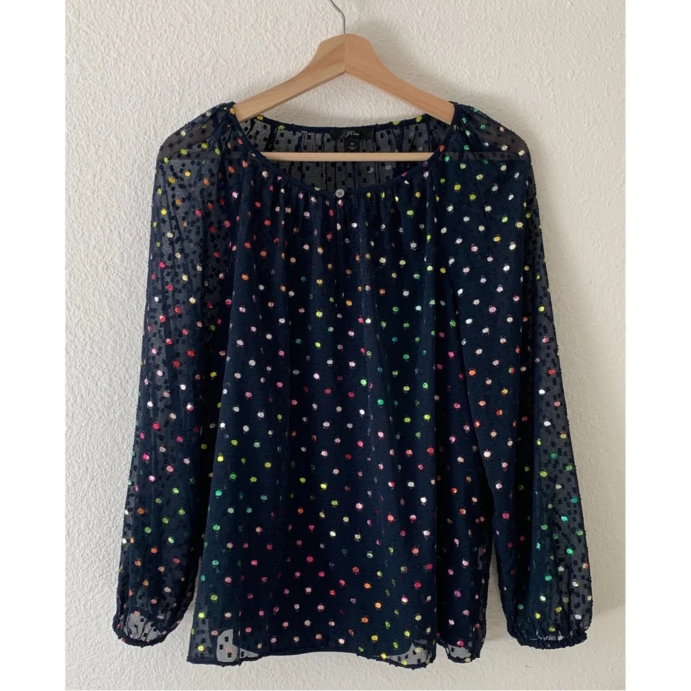 J. Crew Popover Navy Blue Rainbow Clip Dot Chiffon Top Size Medium K4385